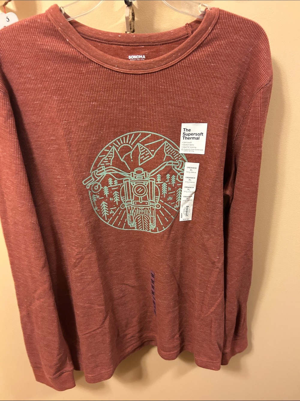 Sonoma Rust Long-Sleeve Thermal Tee with Mint Motorcycle Mountain Graphic